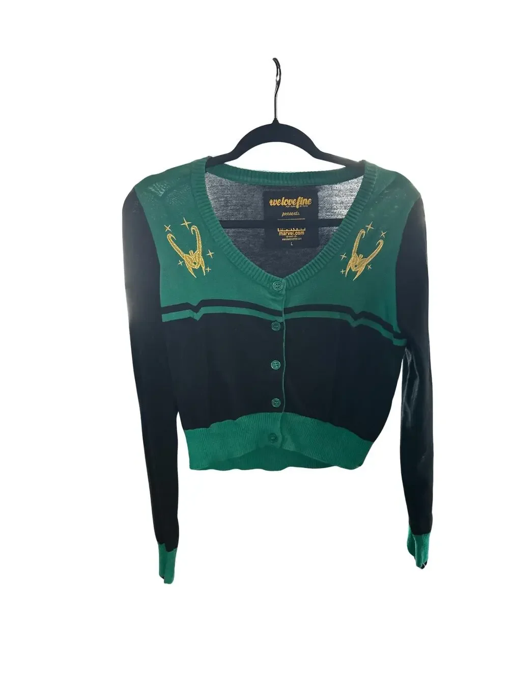 Marvel Green and Black Loki V-neck crop button cardigan with gold embroidery